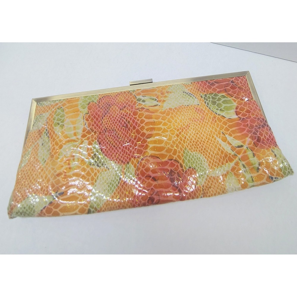 Vtg Y2K Hobo International Orange Snake Print Clutch Evening Bag Floral Frame